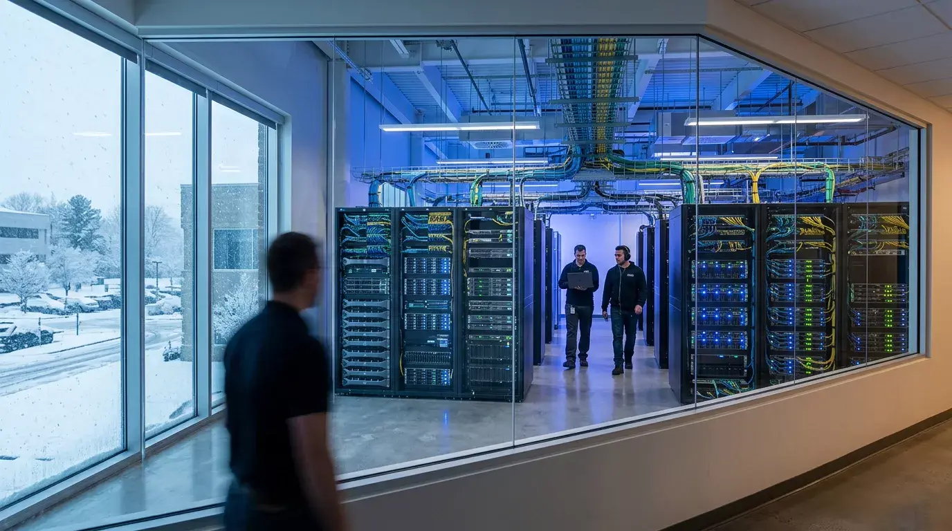 Serverrum med blinkende netværksudstyr og kabler i blåt lys