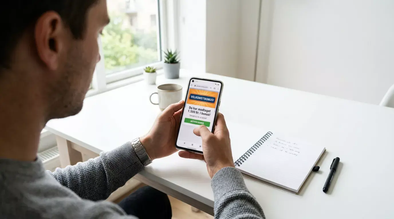 Hånd der holder en smartphone med en velkomstbonus på skærmen ved et skrivebord