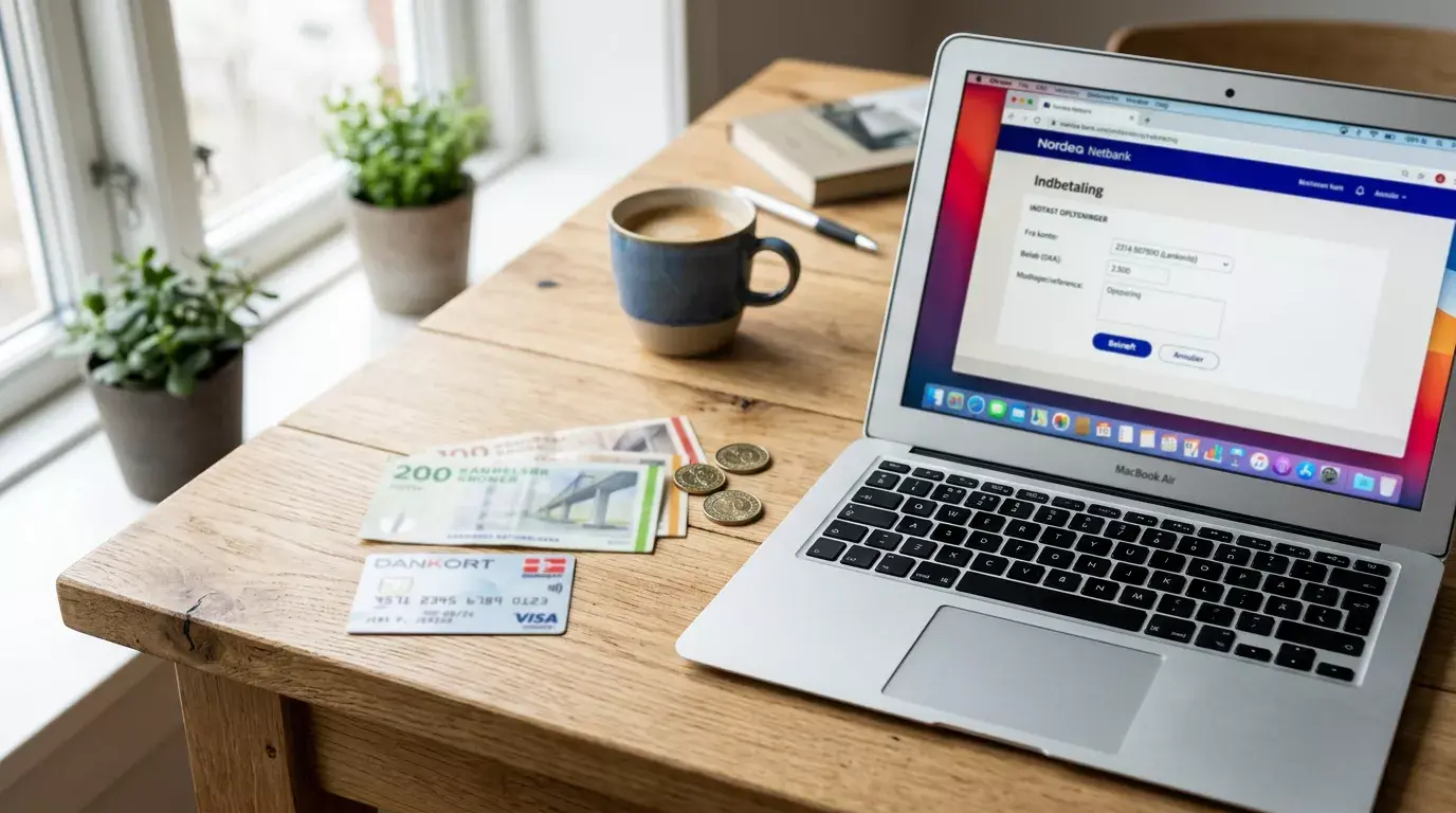 Danske kreditkort og sedler på et bord ved siden af en åben laptop
