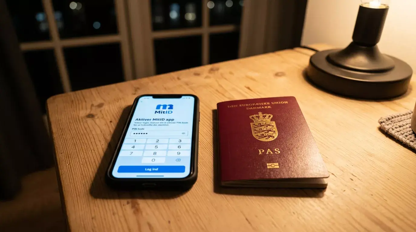 Smartphone med MitID-appen åben ved siden af et dansk pas på et bord