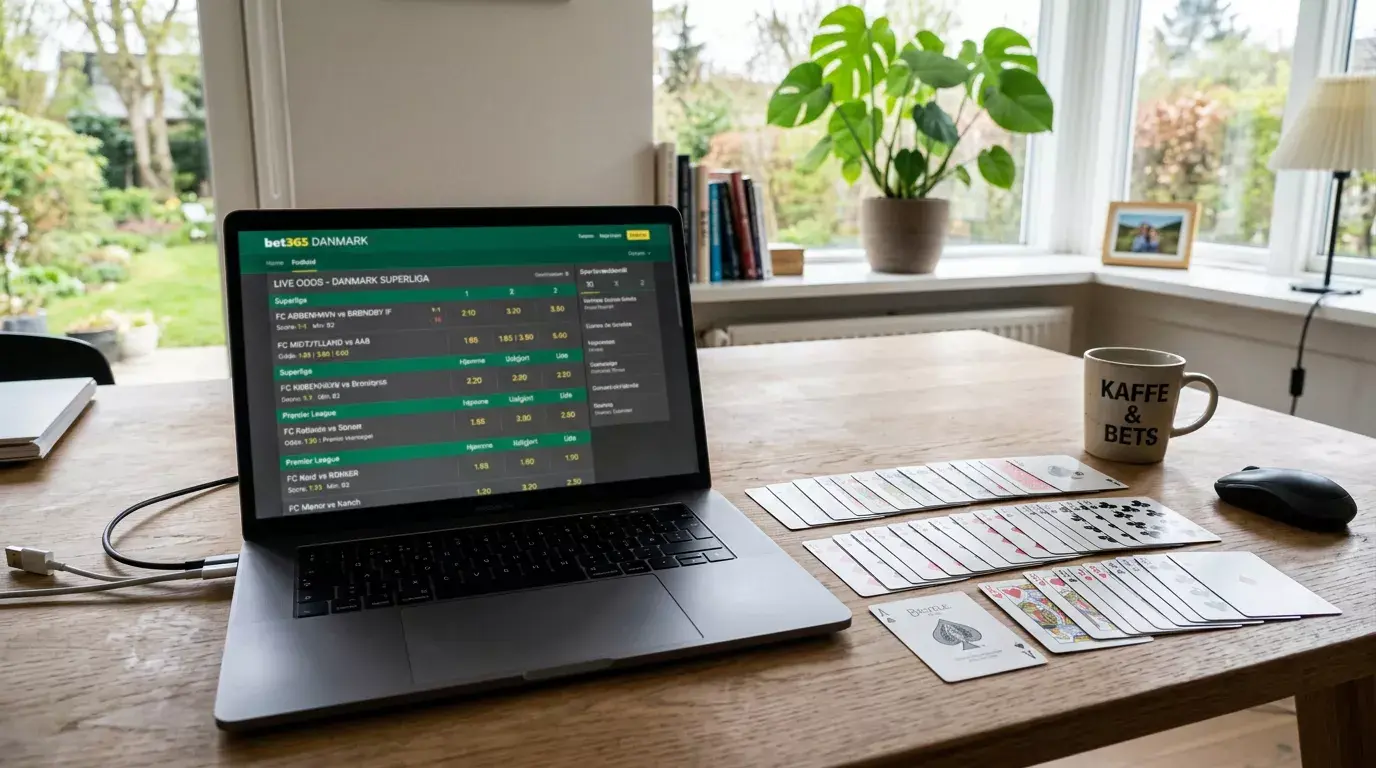 Laptop der viser en bettingside ved siden af spillekort på et skrivebord