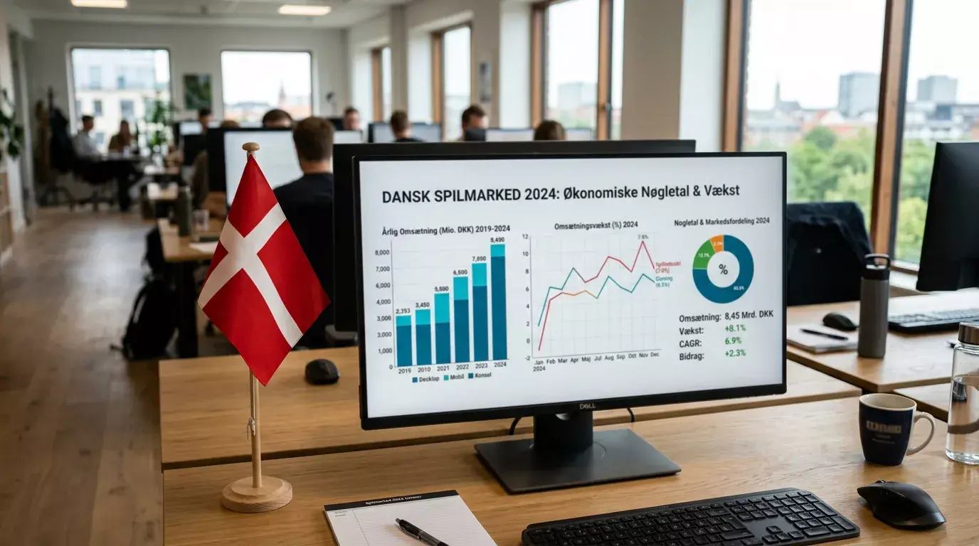Dansk flag ved siden af en skærm med statistikgrafer og søjlediagrammer