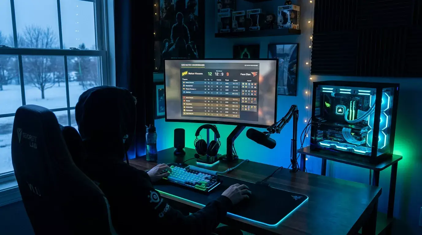 E-sport arena med gamingskærme og tastatur oplyst i blåt og grønt lys