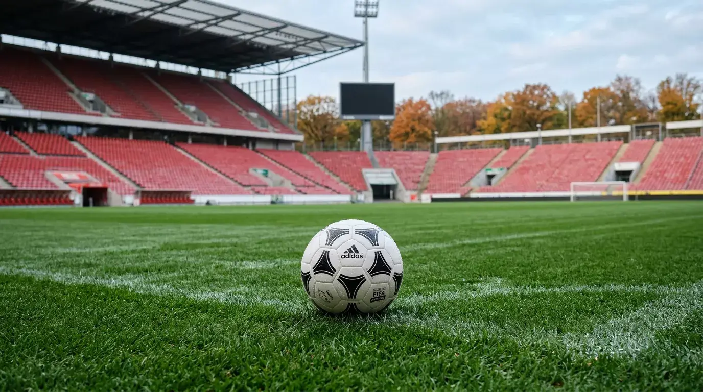 Fodbold på grønt græs foran et tomt stadion i aftensol