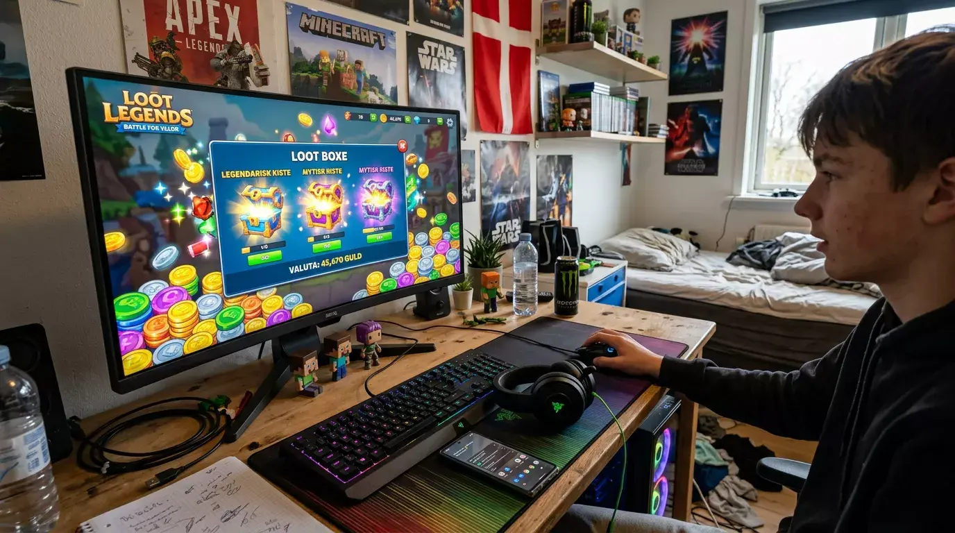 Teenager der spiller et computerspil med virtuelle kasser og mønter på skærmen