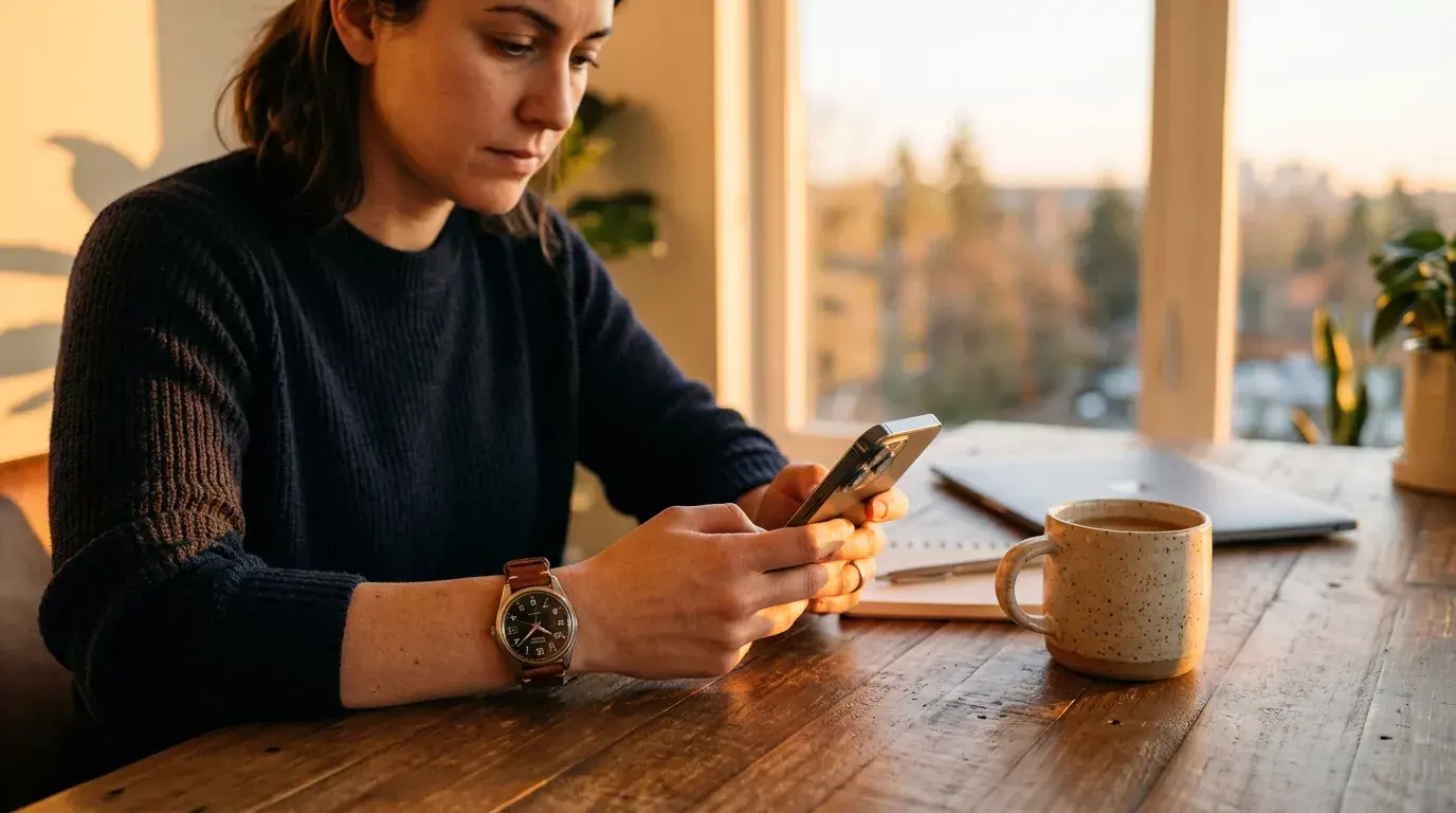 Person der tjekker banknotifikation på smartphone med et ur i baggrunden