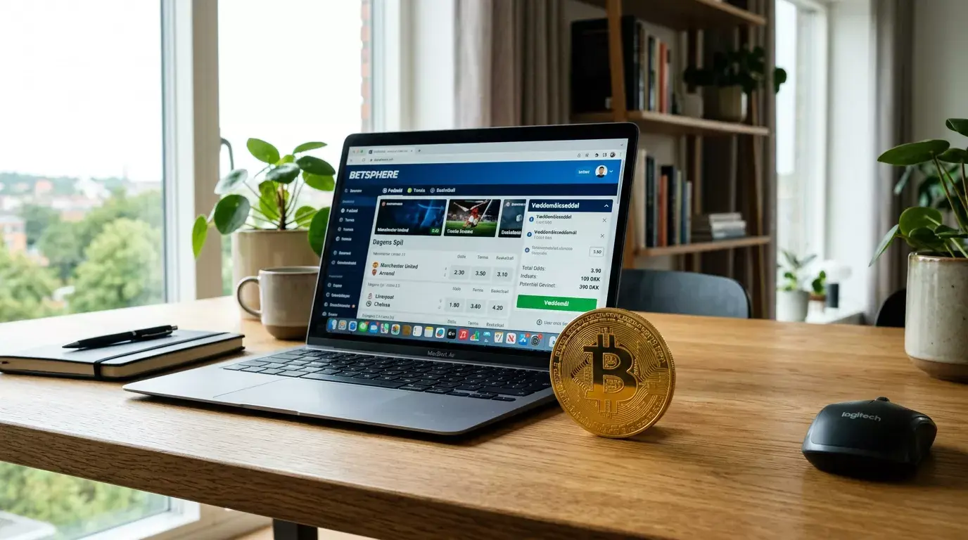 Fysisk Bitcoin-mønt på et bord ved siden af en bærbar computer med en bettingside