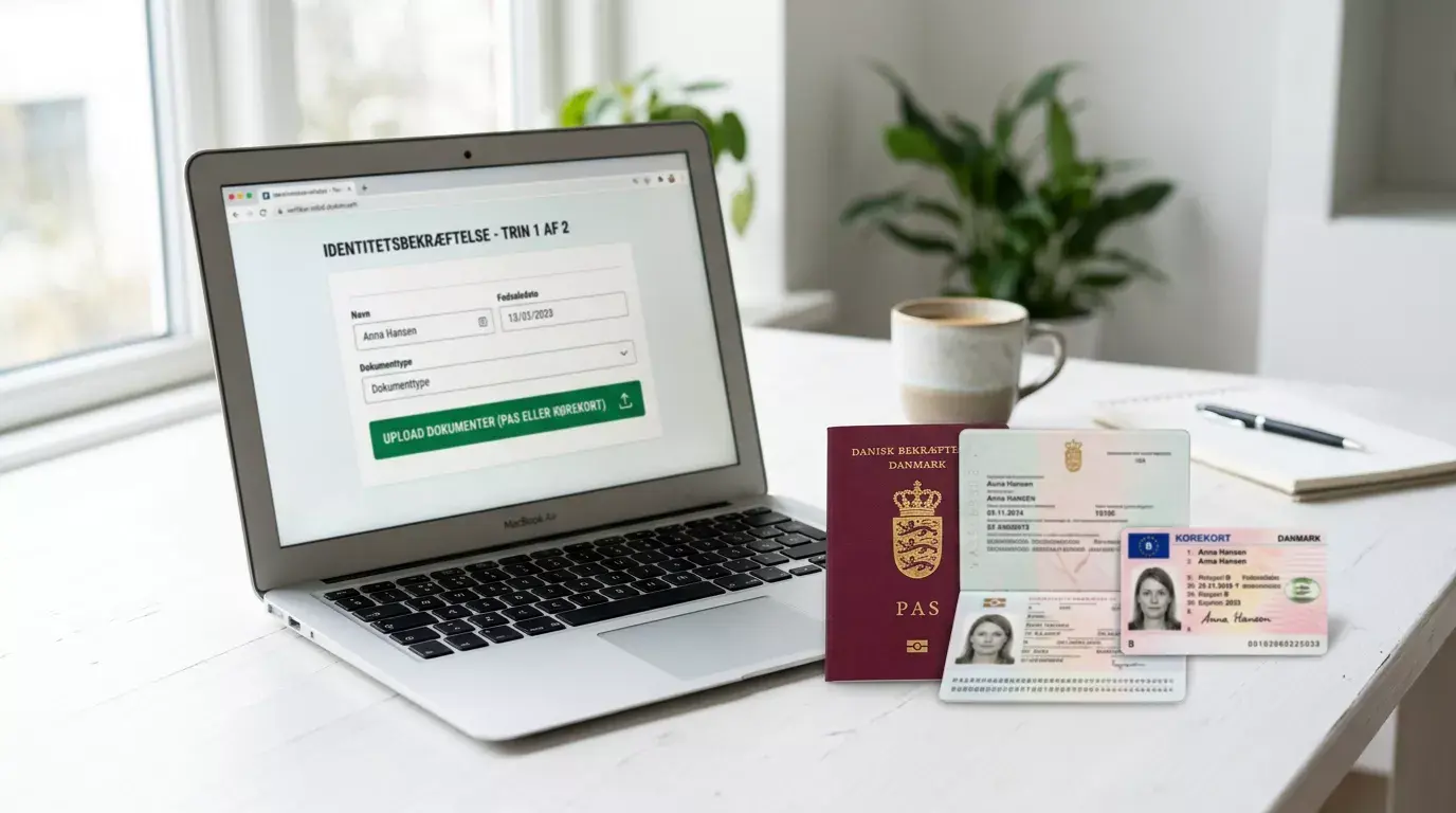 Pas og kørekort ved siden af en laptop der viser en verifikationsformular