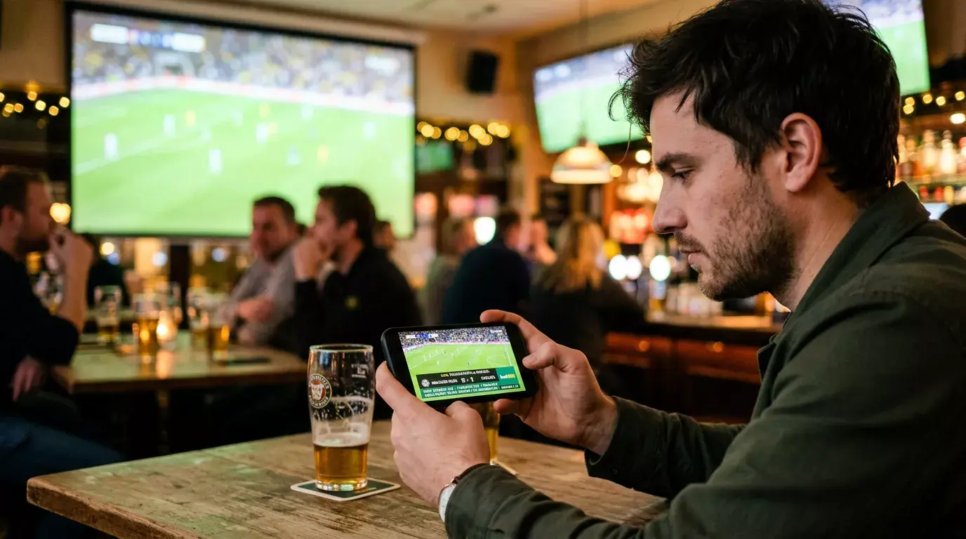 Smartphone der viser live fodboldkamp med odds på skærmen i et stadionmiljø
