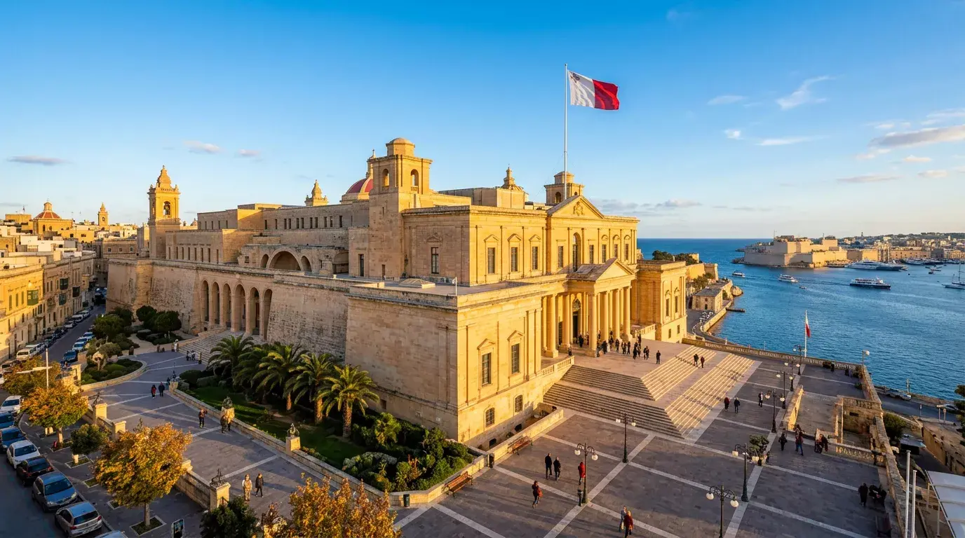 Malta Gaming Authority-bygning i Valletta med det maltesiske flag