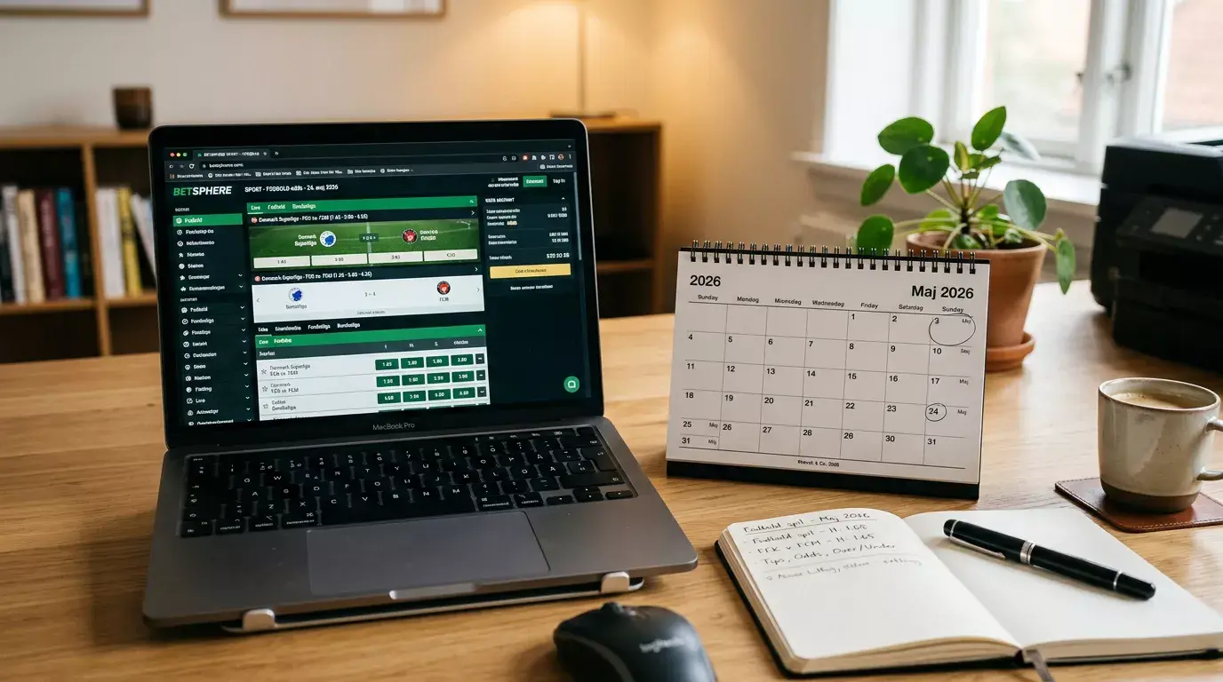 Skrivebord med en kalender der viser 2026 og en laptop med en bettingside
