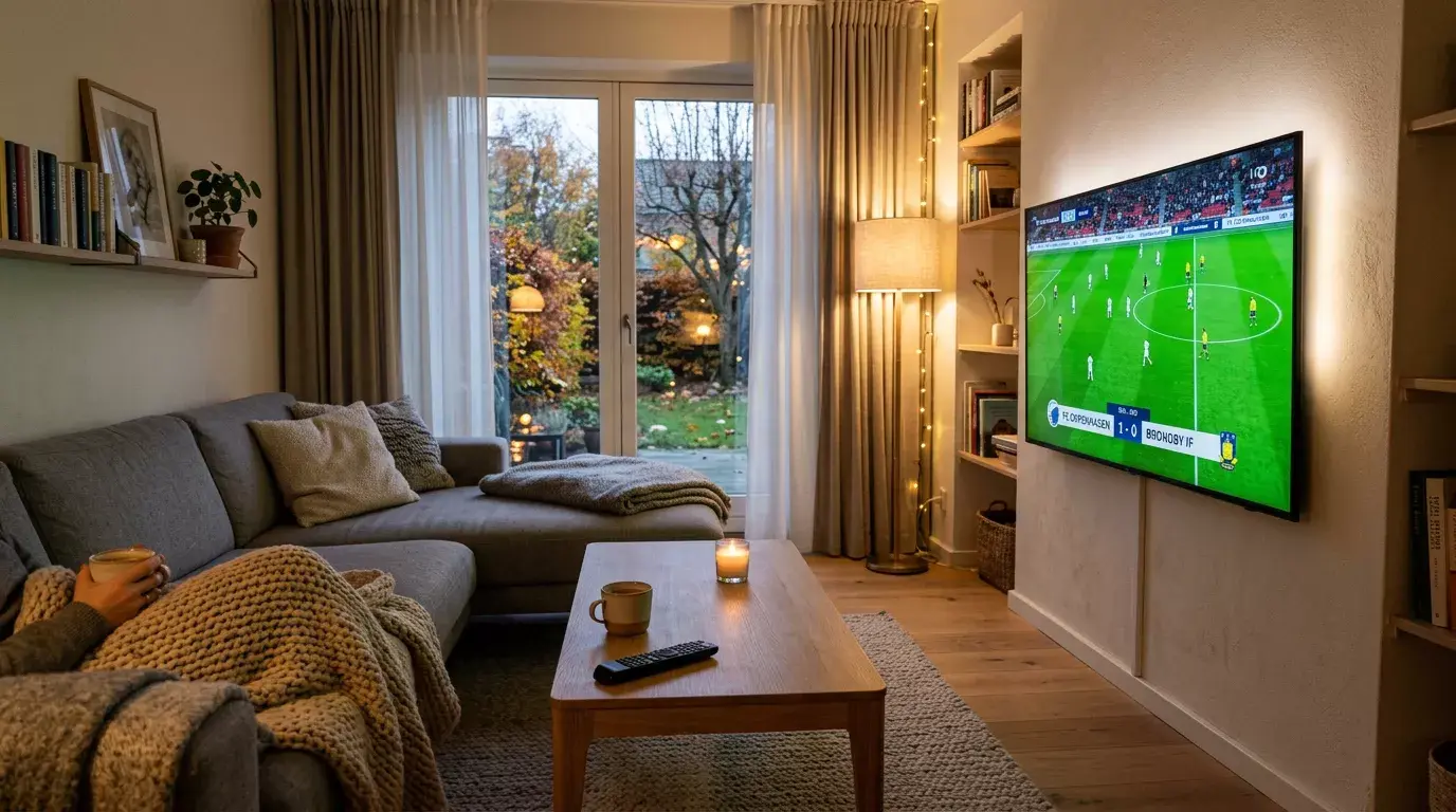 Tv-skærm der viser en fodboldkamp i en stue uden synlige reklamer