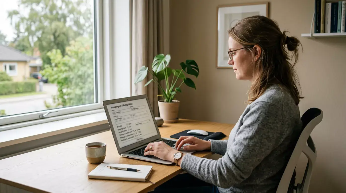 Person der sidder ved en bærbar computer og udfylder en onlineformular