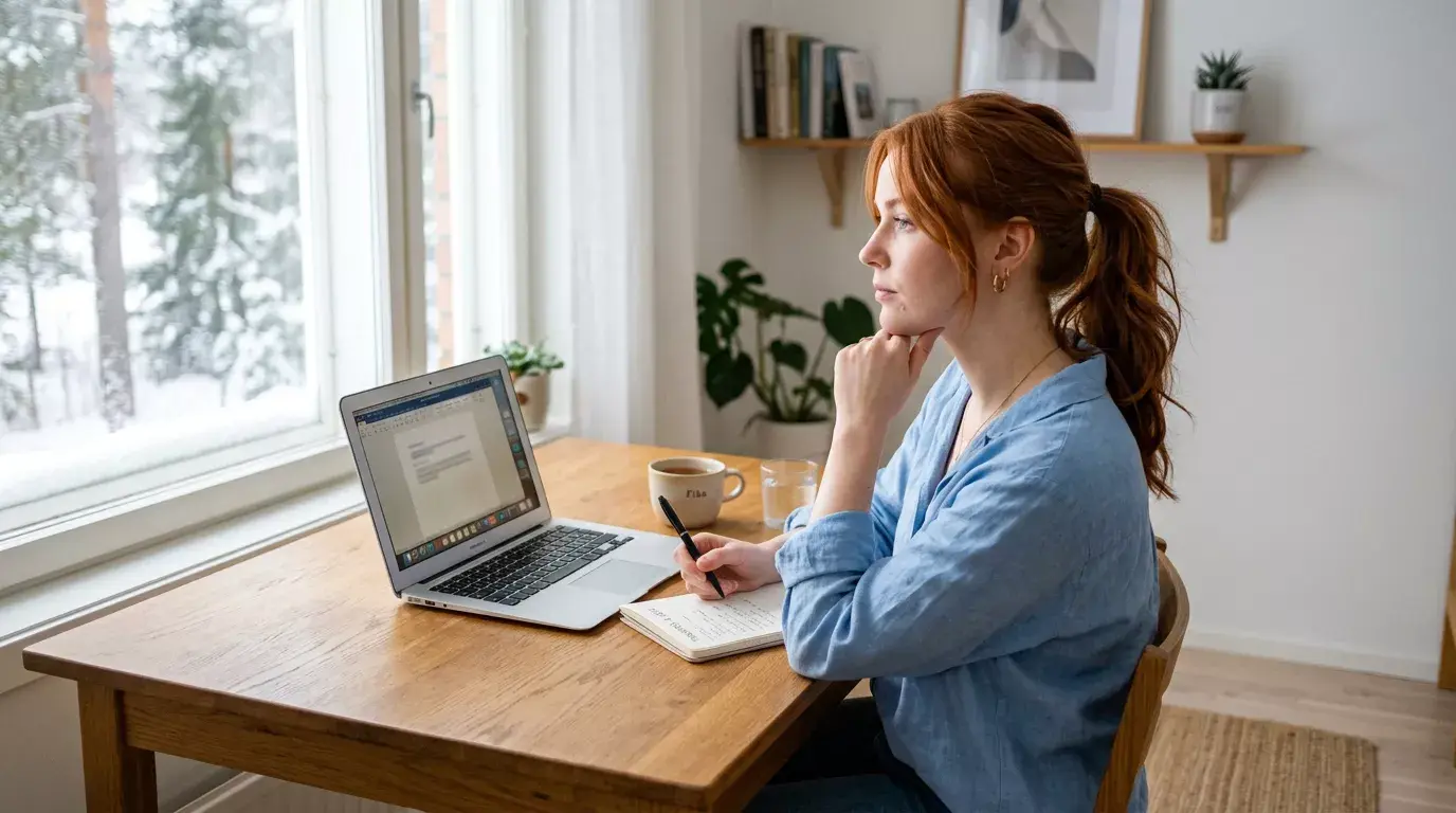 Person der sidder ved et skrivebord og overvejer med en laptop foran sig