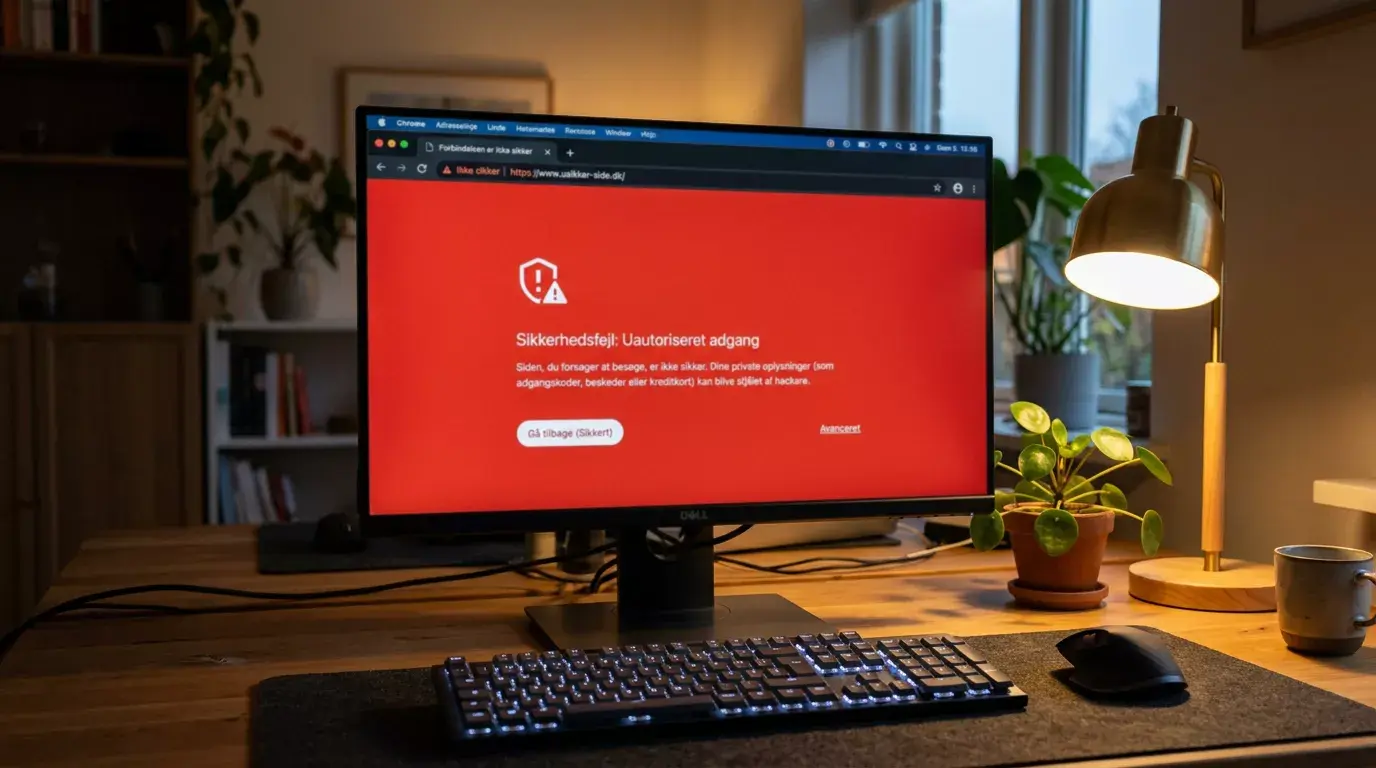 Computerskærm med en blokeret hjemmeside og et hængelåsikon