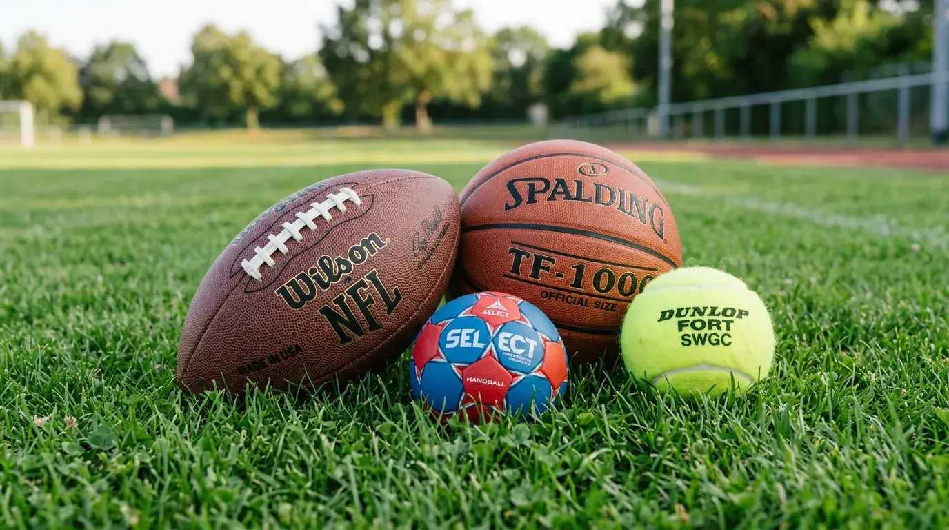 Collage af sportsudstyr med fodbold, tennisbold og basketbold på græs