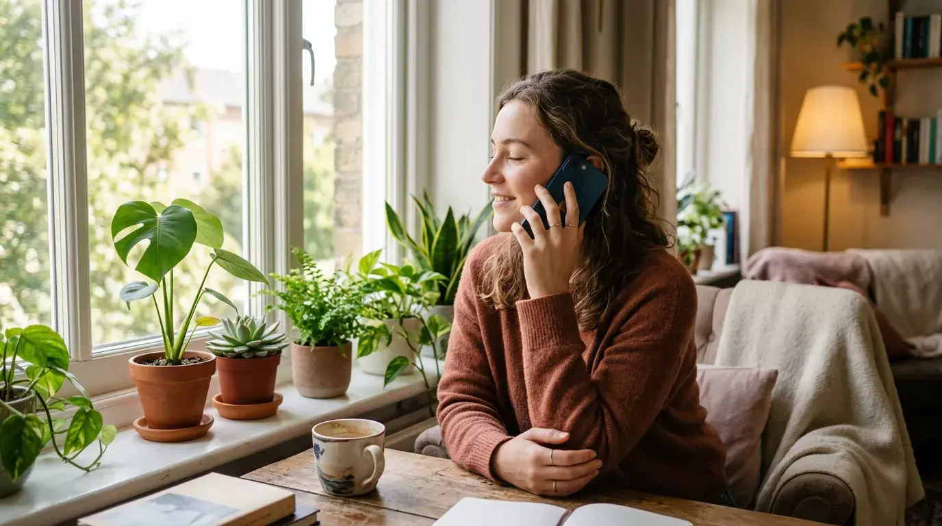 Person der taler i telefon ved et vindue med blødt dagslys