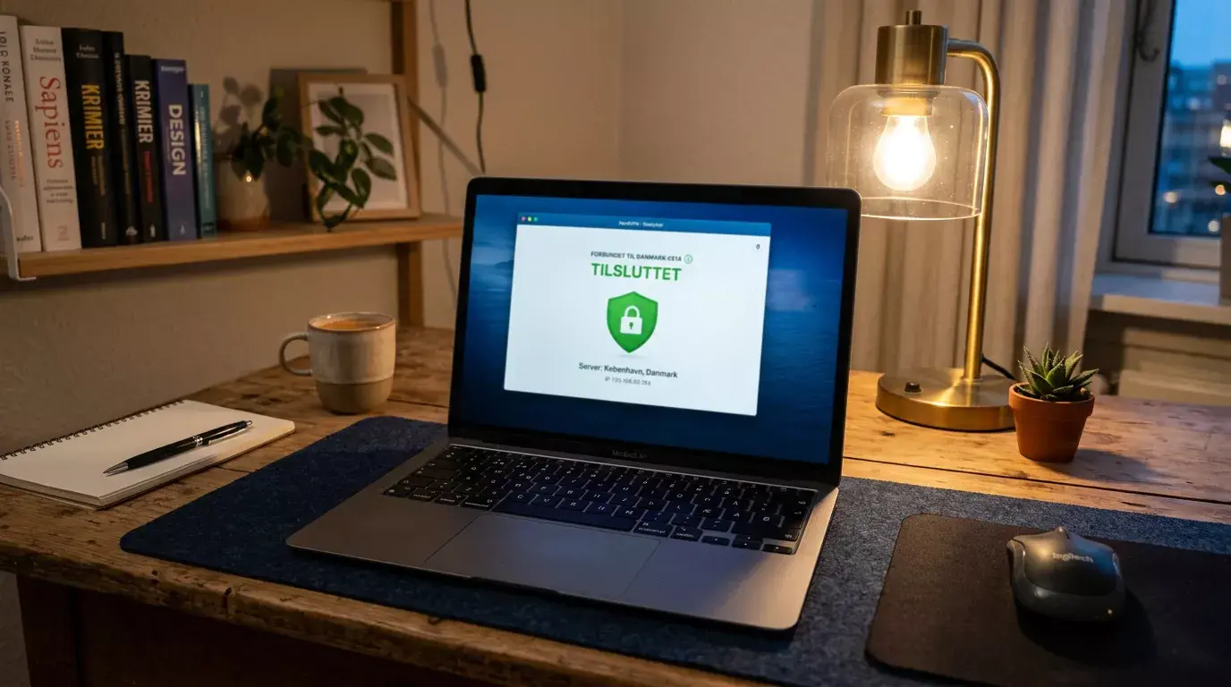 Laptop med en VPN-app åben og et hængelåsikon på skærmen